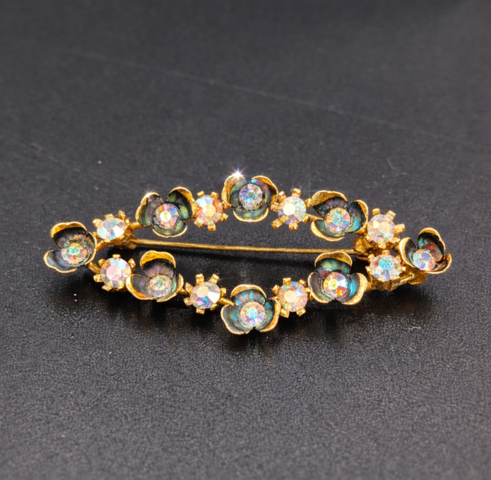 Vintage Made in Austria Floral Rhinestone Brooch – Gold Tone Aurora Borealis Pin
